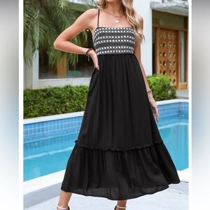 Women’s Black Embroidered Sleeveless Square Neck Midi Dress